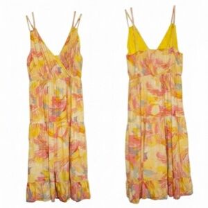 ADELYN RAE ‘Connie’ Women’s Midi Dress Yellow Pink White Abstract Tiered SIZE XS